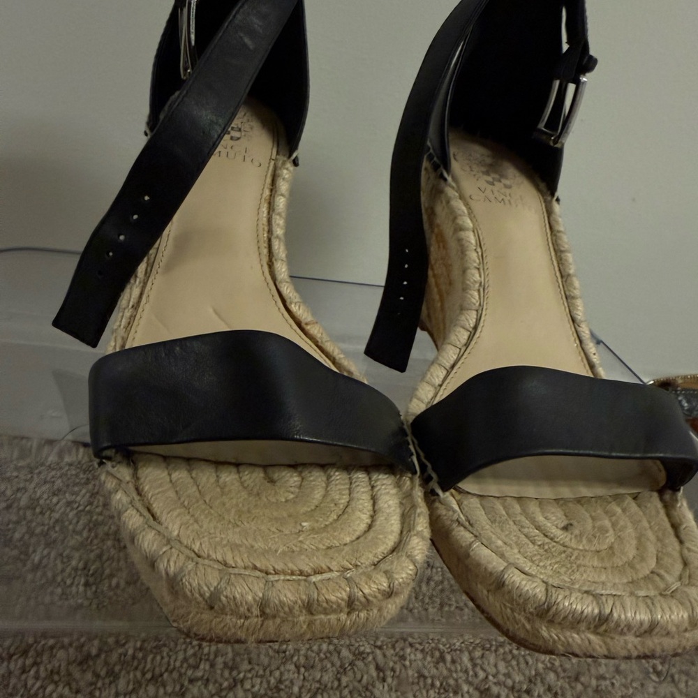 Vince Camuto Meddrina Women Black Leather Espadrille Wedge Sandal
